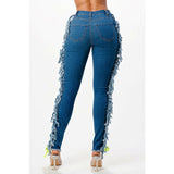 Destroyed Side Fringe Lace Up Denim Pants