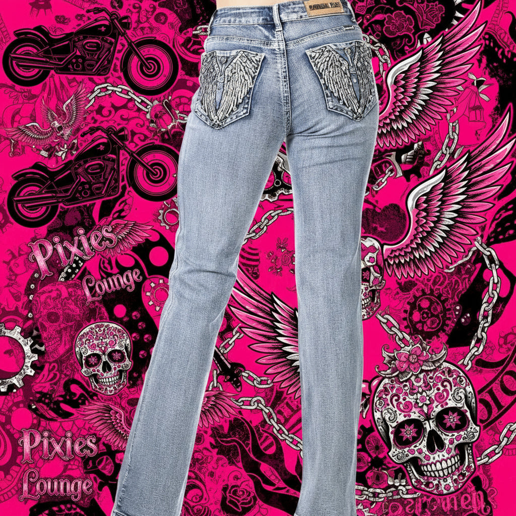 Platinum Plush Wing Stitched Rhinestone Jeans