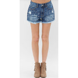 Vocal Denim Rhinestone and Pearls Frayed Shorts