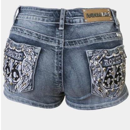 Platinum Plush Route 66 Embellished Denim Shorts