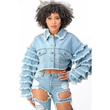 Tiered Distressed Oversized Denim Ruffle Jacket