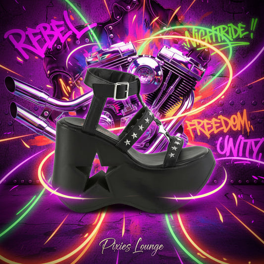 Demonia Dynamite Metallic Star Platform Sandals