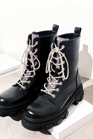 Rhinestone Tie Combat Boots