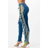 Destroyed Side Fringe Lace Up Denim Pants