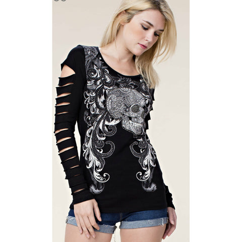 Sugar Skull Cut Out Long Sleeve Top