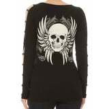 Winged Skull Rhinestone Open Long Sleeve Top