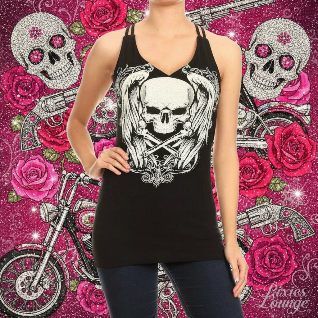 Women's Platinum Plush Skulls & Bones Rhinestone VNeck Strappy Tank
