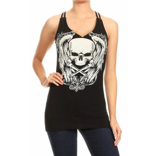 Skulls & Bones Rhinestone VNeck Strappy Tank