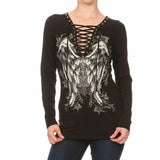 Angel Wings Rhinestone Eyelet Long Sleeve Top