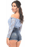 Lt Blue Lined Lace Long Sleeve Peasant Top