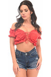 Red Lycra Lace-Up Front Peasant Top