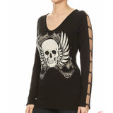 Winged Skull Rhinestone Open Long Sleeve Top