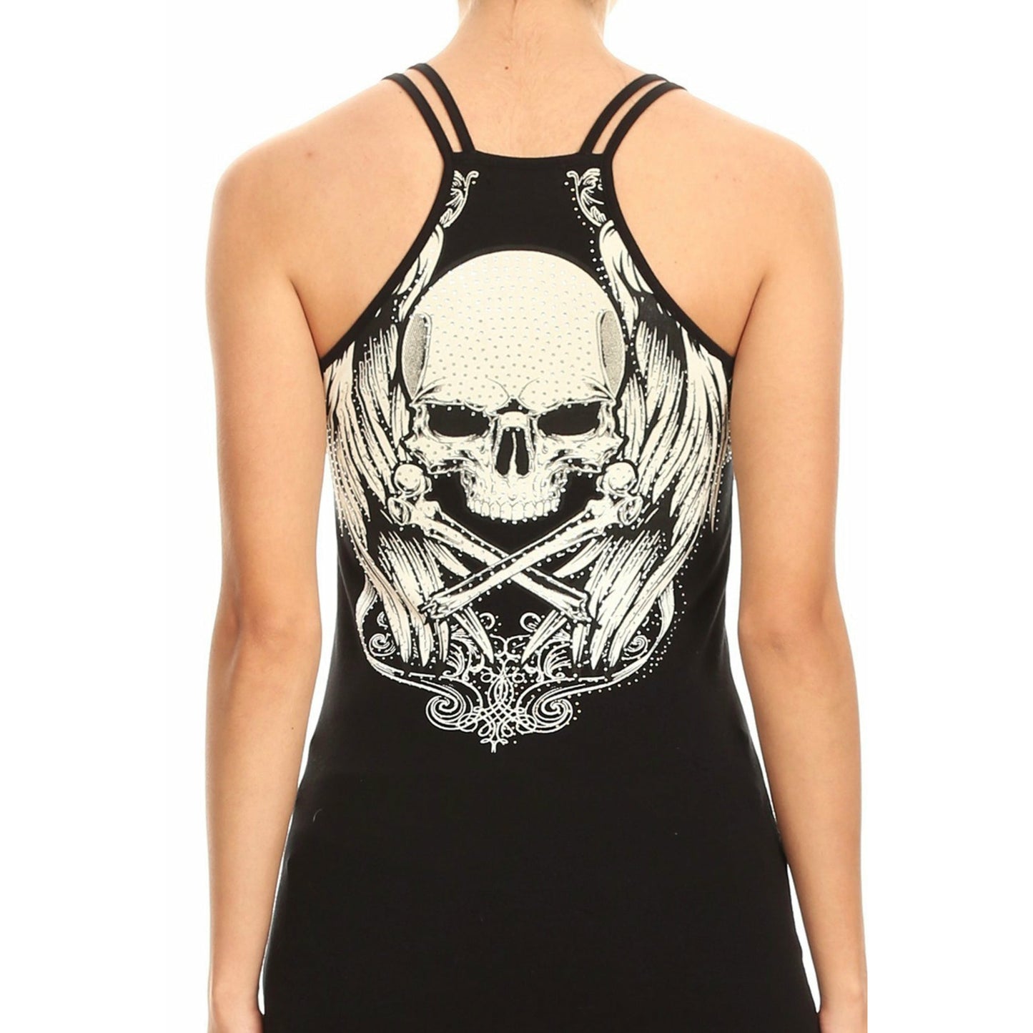 Women's Platinum Plush Skulls & Bones Rhinestone VNeck Strappy Tank