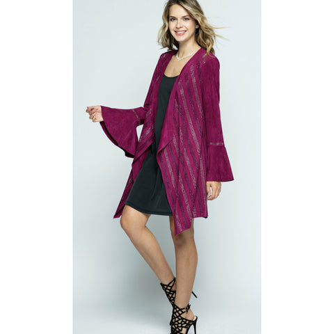 Vocal Bell Sleeve Suede Rhinestone Open Cardigan