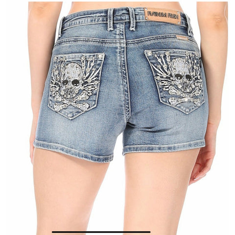 Fierce Skull Long Rhinestone Shorts