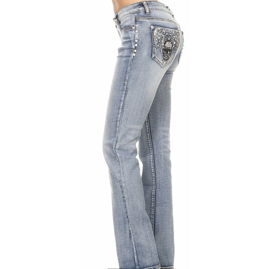 Women's Platinum Plush Flash Skull Wing Rhinestone Embellished Jeans