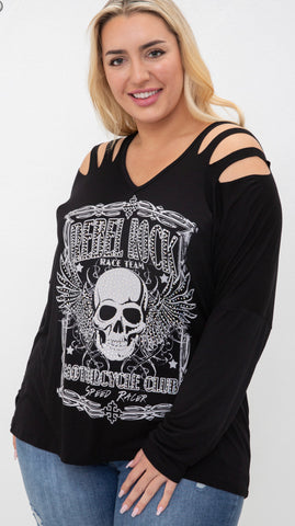 Vocal Rebel Rock Long Slashed Shoulder Top