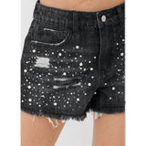 Vocal Denim Rhinestone and Pearls Frayed Shorts