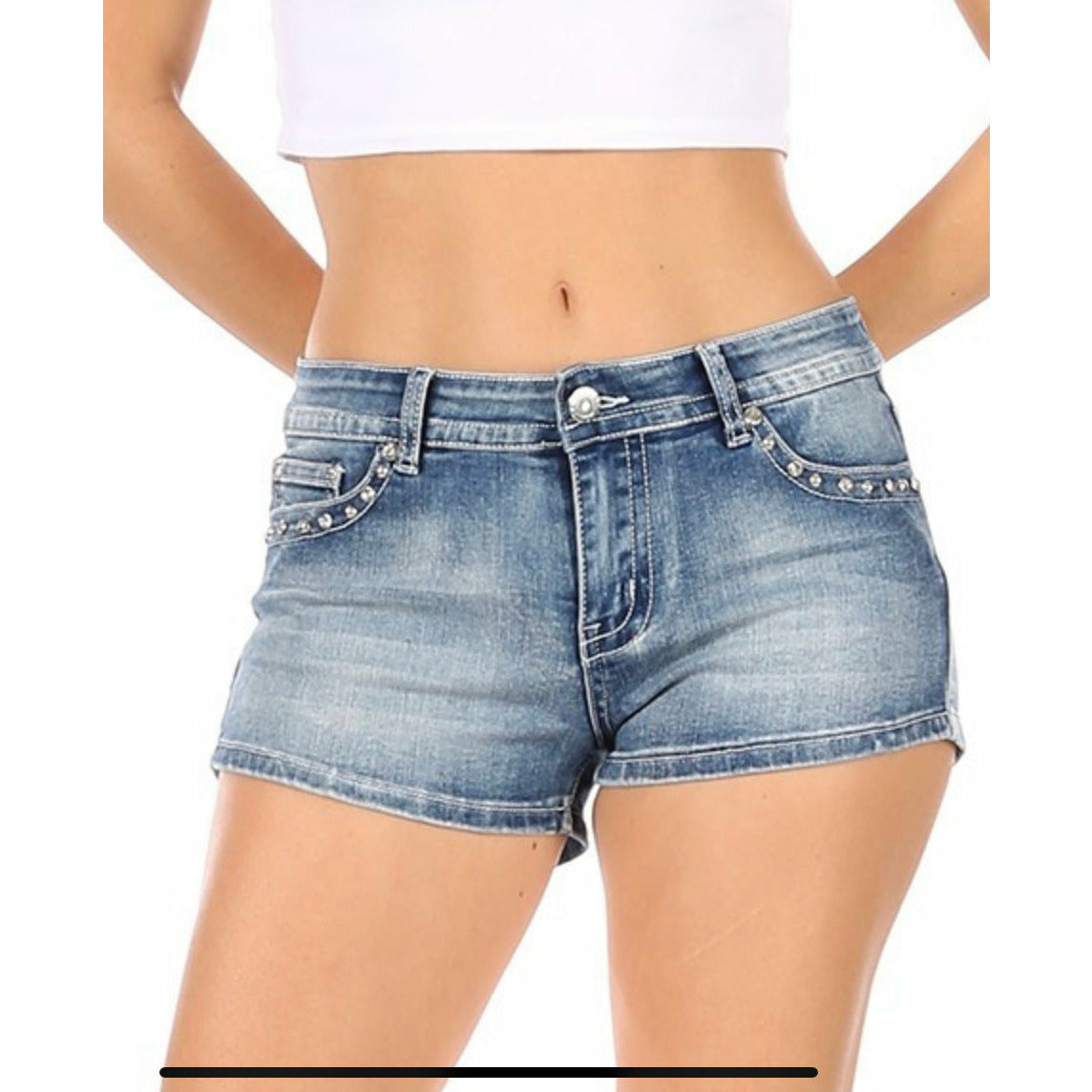 Platinum Plush Light Wash Denim Shorts with Embroidered Back Pockets