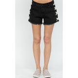 Vocal Side Tie Denim Frayed Shorts