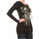 Angel Wings Rhinestone Eyelet Long Sleeve Top