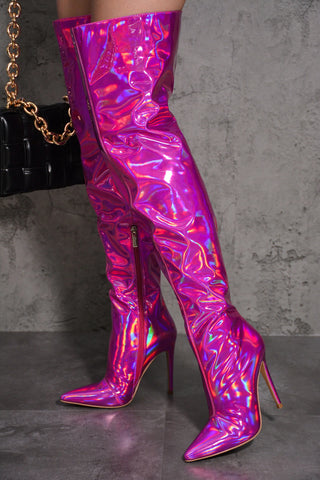 Thigh High Point Toe Holographic Boots by Cape Robbin