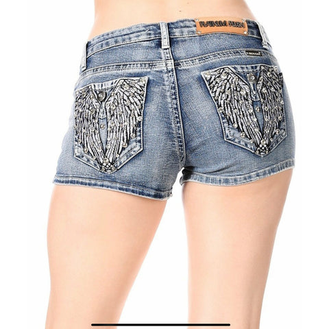 Shorts de mezclilla con adorno de diamantes de imitación y ala de ángel