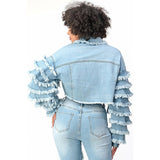 Tiered Distressed Oversized Denim Ruffle Jacket