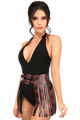 Black & Red Skull Faux Leather Fringe Skirt