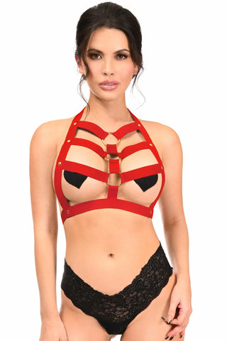 Dark Red Stretchy Body Harness w/Gold Hardware