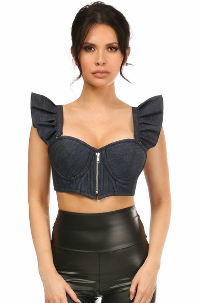 Lavish Blue Denim Underwire Bustier Top con mangas extraíbles con volantes