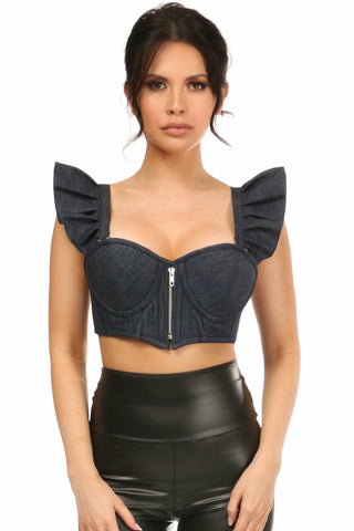 Lavish Blue Denim Underwire Bustier Top w/Removable Ruffle Sleeves