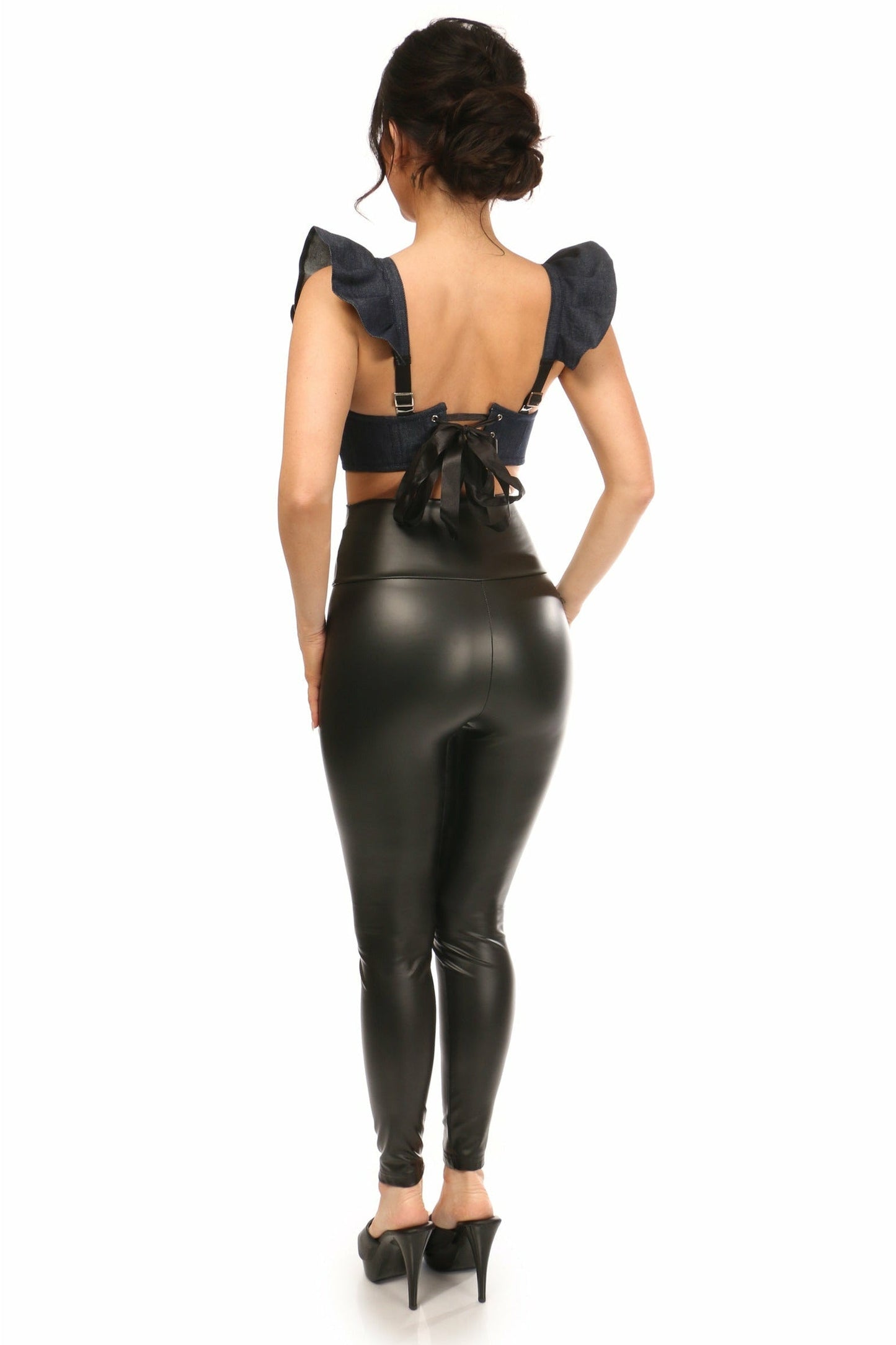 Lavish Blue Denim Underwire Bustier Top con mangas extraíbles con volantes