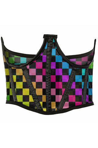 Lavish Rainbow Checkers Print Mesh Open Cup Waist Cincher - Daisy Corsets