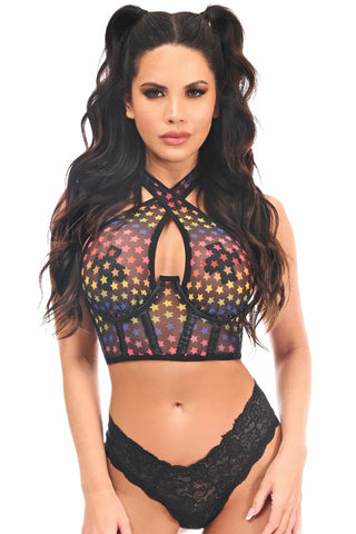 Lavish Rainbow Stars Mesh Underwire Cincher con top halter incorporado