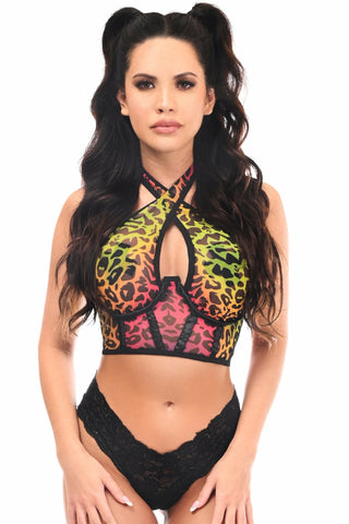 Lavish Rainbow Leopard Mesh Underwire Cincher con top halter incorporado