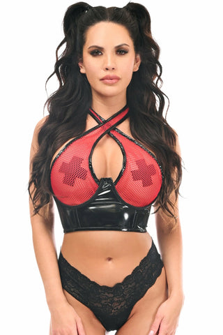 Lavish Red/Black Vinyl &amp; Fishnet Top Halter Cincher con aros