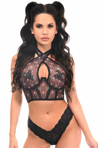 Lavish Pink &amp; White Skull Mesh Underwire Cincher con top halter incorporado