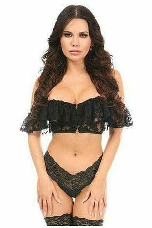 Lavish Black Sheer Lace Off-The-Shoulder Underwire Short Bustier - Daisy Corsets