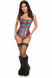 Top Drawer Rainbow Glitter PVC & Black Fishnet Steel Boned Over Bust Corset