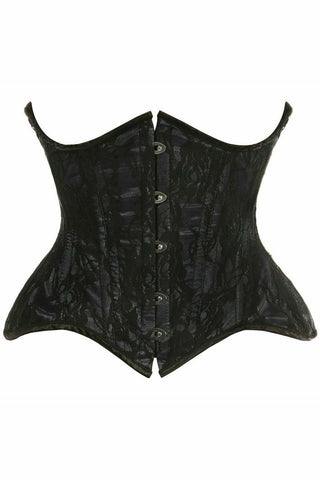 Top Drawer Black w/Black Lace Double Steel Boned Curvy Cut Waist Cincher Corset - Daisy Corsets