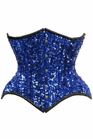 Top Drawer Steel Boned Blue Sequin Curvy Cut Waist Cincher Corset