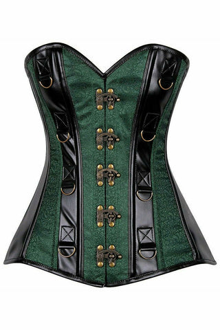 Top Drawer Dark Green Brocade & Faux Leather Steel Boned Corset - Daisy Corsets