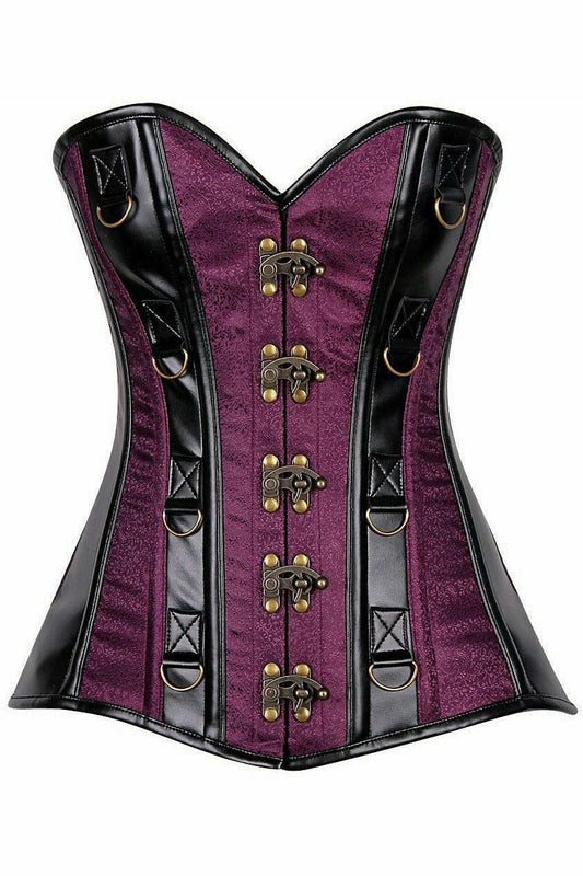 Top Drawer Plum Brocade & Faux Leather Steel Boned Corset - Daisy Corsets